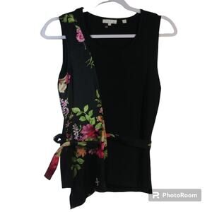 Yuka Black Floral Asymmetrical Waist Tie Sleeveless Top Tall Size T2
